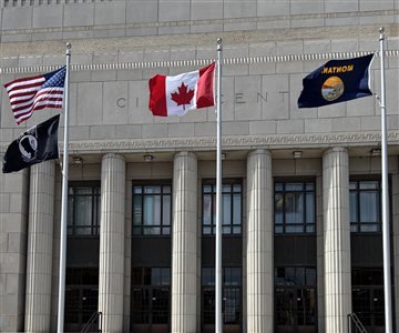 The Canadian flag flies at the Great Falls Civic Center.